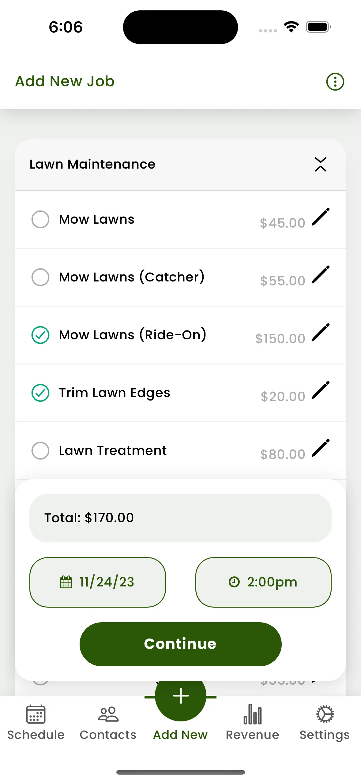 The Add New Job screen in Mowbius with priced lawn services and a running total