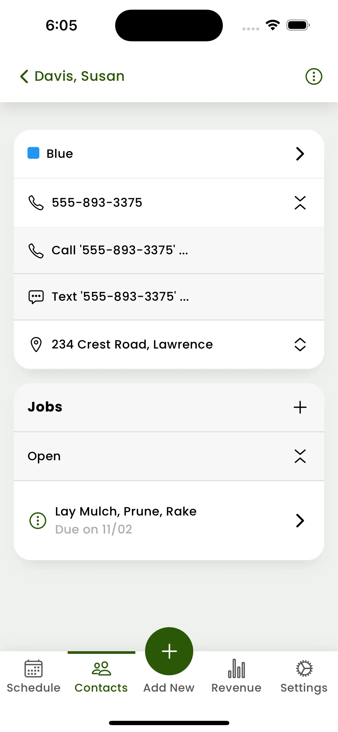 A Mowbius customer profile with phone actions, an address, and an open job