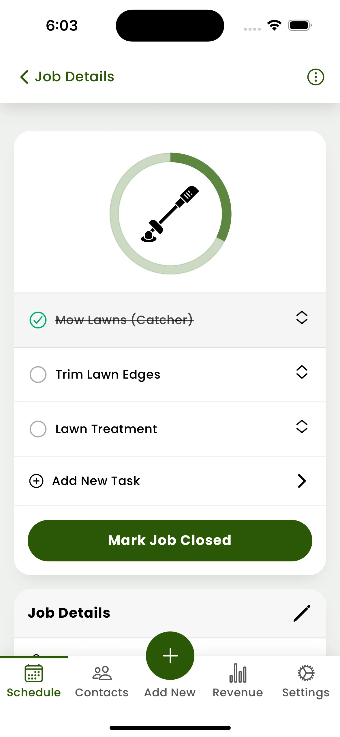 Mowbius Job Details with a task checklist, progress ring and Mark Job Closed button
