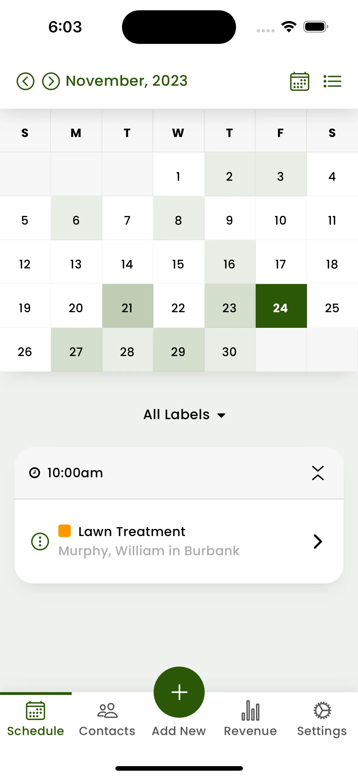 The Schedule screen in Mowbius, showing a month calendar with jobs and a day's job list
